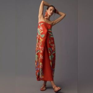 Anthropologie Pleated Column Midi Dress Red Floral Strappy L